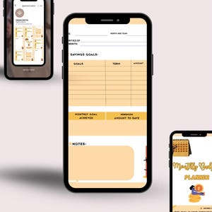 May include: Three smartphones displaying a digital monthly budget planner. The main phone shows a detailed savings goals chart with fields for goals, term, and amount. The other phones show the planner's cover and Instagram profile.