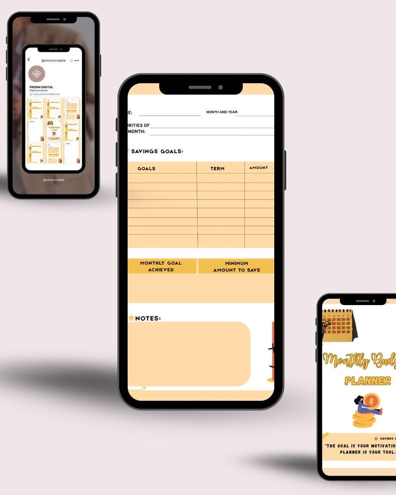 May include: Three smartphones displaying a digital monthly budget planner. The main phone shows a detailed savings goals chart with fields for goals, term, and amount. The other phones show the planner's cover and Instagram profile.
