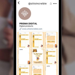 May include: A smartphone displays a digital planner with various pages, including a monthly budget planner. The planner has a light orange and white color scheme. The screen also shows the Instagram profile of @sitioincreible, with the name PRISMA DIGITAL and their website.