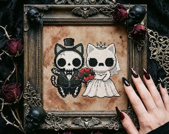 Gothic Cat Couple Cross Stitch Pattern: Skeleton Groom, White Bride & Romantic Hearts Embroidery PDF