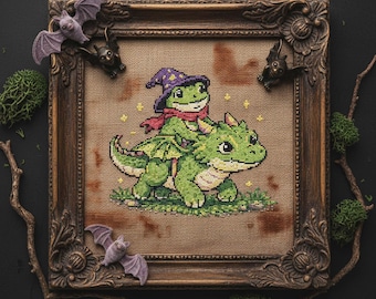 Wizard Frog Riding Dragon Cross Stitch Pattern: Fantasy Embroidery (PDF)