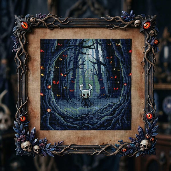 Dark Forest Wanderer Cross Stitch Pattern: Masked Adventurer, Glowing Eyes Embroidery PDF
