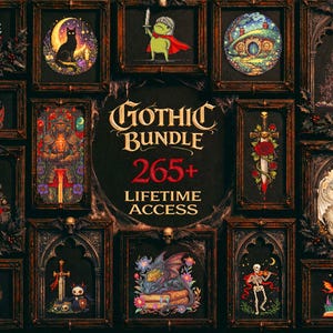 A bold gothic fantasy cross stitch bundle mockup designed to showcase a massive embroidery pattern collection. The center text reads “515+ Entire Shop Cross Stitch Bundle – Lifetime Access,” emphasizing a complete digital library of printable PDF cross stitch designs. Surrounding embroidery hoops display detailed stitched artwork including gothic dragons, arcane. This image highlights a premium embroidery bundle ideal for gothic, fantasy, Halloween, and witchcraft-inspired stitching projects.