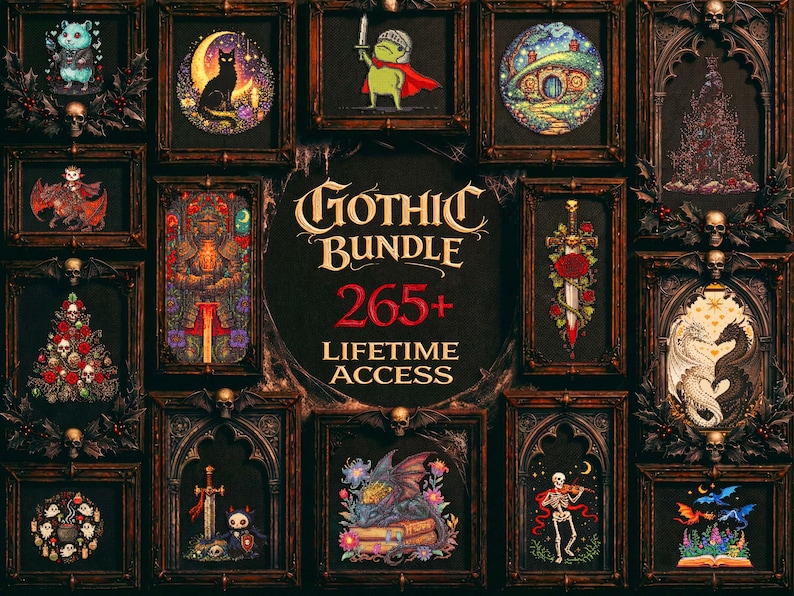 A bold gothic fantasy cross stitch bundle mockup designed to showcase a massive embroidery pattern collection. The center text reads “515+ Entire Shop Cross Stitch Bundle – Lifetime Access,” emphasizing a complete digital library of printable PDF cross stitch designs. Surrounding embroidery hoops display detailed stitched artwork including gothic dragons, arcane. This image highlights a premium embroidery bundle ideal for gothic, fantasy, Halloween, and witchcraft-inspired stitching projects.