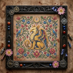 Pode incluir: Obra de arte em ponto cruz de um grifo dourado com asas azuis e rosa, rodeado por padrões florais e dois pássaros azuis. A obra está emoldurada em uma moldura de madeira escura com elementos decorativos e pequenos pingentes de bússola.