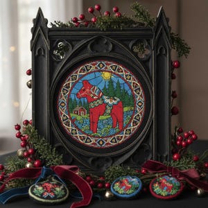 Può includere: Un ricamo incorniciato raffigurante un cavallo Dala rosso in un paesaggio, circondato da una cornice nera in stile gotico. L'immagine è decorata con bacche rosse, verde e piccoli ornamenti, con tre ornamenti ricamati in primo piano.