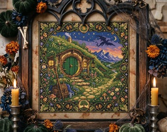 Fantasy Hobbit Cottage Cross Stitch Pattern: Enchanted Garden Landscape Embroidery PDF