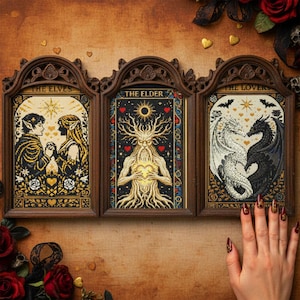A dramatic gothic fantasy cross stitch bundle mockup showcasing an entire embroidery shop collection in one powerful visual. Displayed on a deep, moody background, the center text reads “515+ Entire Shop Cross Stitch Bundle – Lifetime Access,” highlighting the scale and value of this digital collection. Surrounding embroidery hoops feature gothic dragons, witchy symbols, moonlit castles, enchanted florals, dark fantasy creatures, and mystical designs. This image represents printable PDF cross