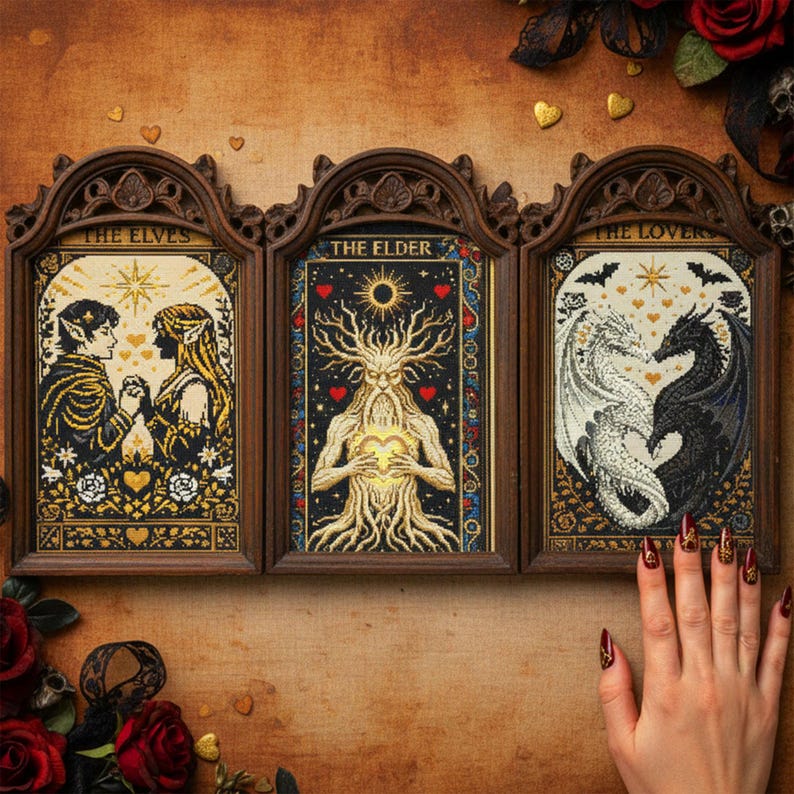 A dramatic gothic fantasy cross stitch bundle mockup showcasing an entire embroidery shop collection in one powerful visual. Displayed on a deep, moody background, the center text reads “515+ Entire Shop Cross Stitch Bundle – Lifetime Access,” highlighting the scale and value of this digital collection. Surrounding embroidery hoops feature gothic dragons, witchy symbols, moonlit castles, enchanted florals, dark fantasy creatures, and mystical designs. This image represents printable PDF cross