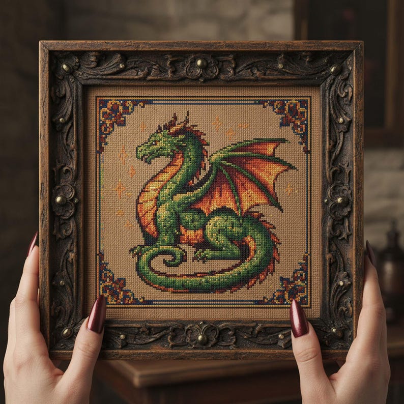 Green Fire Dragon Cross Stitch Pattern: Medieval Fantasy Dragon ...