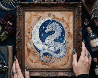 Padrão de Ponto Cruz Dragão da Lua Encantada: Bordado Fantasia Dragão da Noite Celestial (PDF)