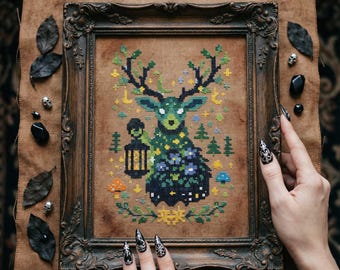 Gothic Woodland Cross Stitch: Enchanted Stag with Lantern and Stars, Dark Forest Embroidery PDF