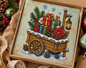 Christmas Wagon Cross Stitch Pattern: Gifts Poinsettia Lantern Cozy Winter Embroidery PDF