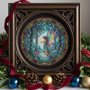 Puede incluir: Una obra de arte en punto de cruz enmarcada que representa a un hada en un bosque, sosteniendo un orbe brillante. La obra de arte está enmarcada en un marco de madera marrón oscuro y ornamentado. La escena está rodeada de decoraciones navideñas, incluyendo cinta roja, piñas y bolas.