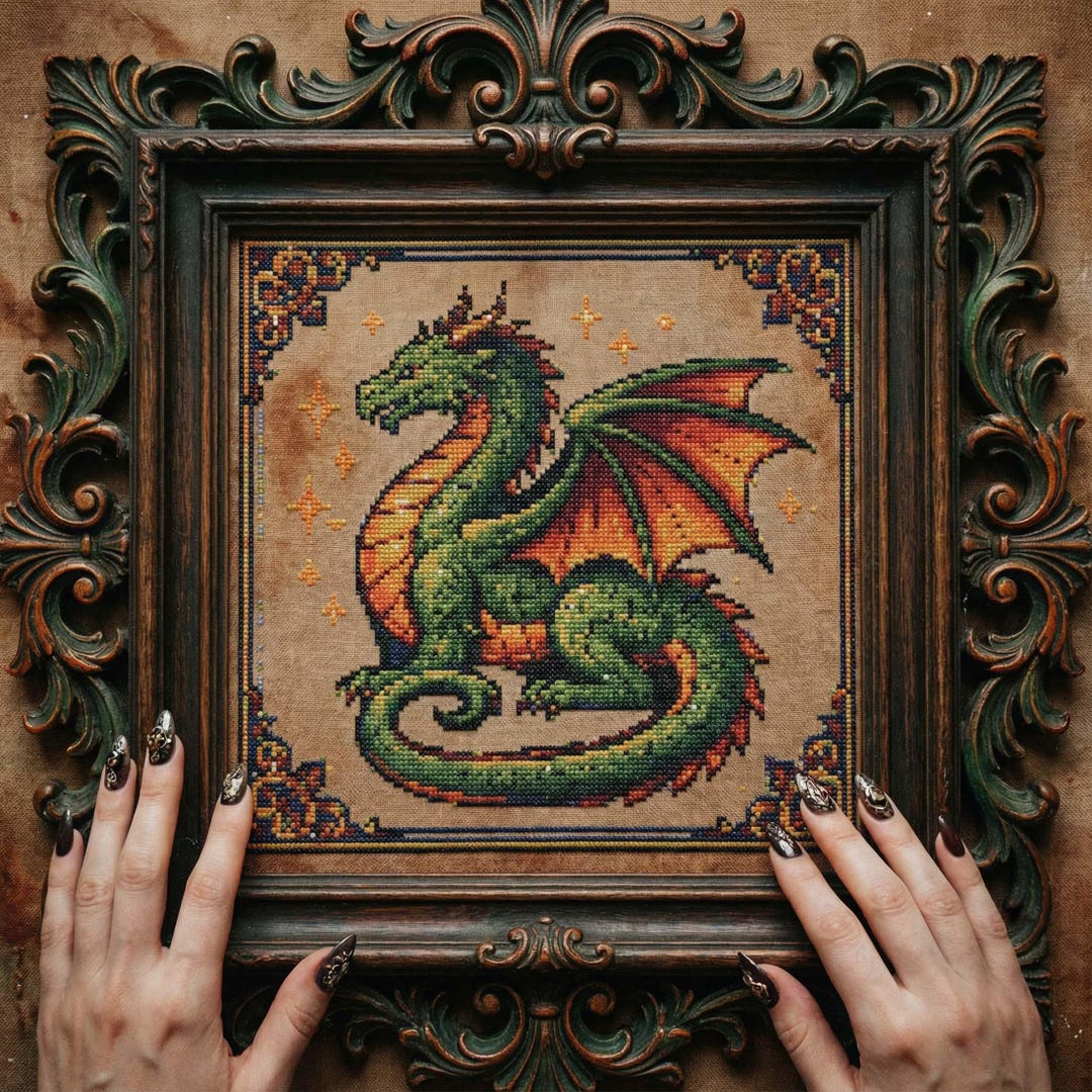 Green Fire Dragon Cross Stitch Pattern: Medieval Fantasy Dragon ...
