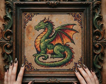 Green Fire Dragon Cross Stitch Pattern: Medieval Fantasy Dragon Embroidery (PDF)