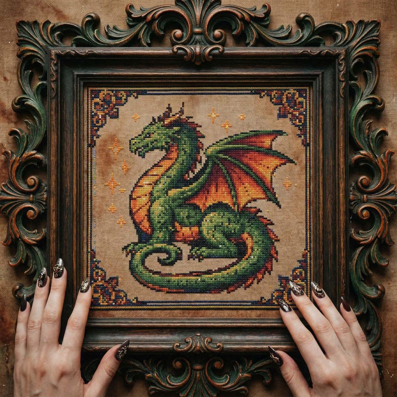 Green Fire Dragon Cross Stitch Pattern: Medieval Fantasy Dragon ...