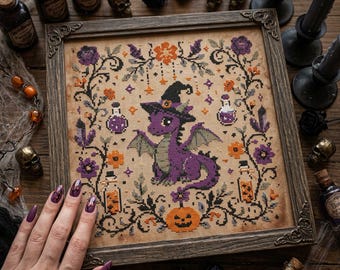 Purple Dragon Cross Stitch Pattern: Gothic Witchy Halloween Witch Embroidery (PDF)