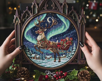 Nordlicht-Rentier Kreuzstich-Muster: Festlicher Schlitten des Weihnachtsmanns & Winterdorf Stickerei PDF