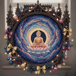 Pode incluir: Um bordado de ponto cruz circular que retrata uma figura de Buda dourada sentada, rodeada por um design celestial em azuis, roxos e rosas. A moldura castanha escura tem um design de arco gótico. Decorado com laços, enfeites e luzes.