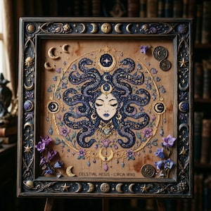 This celestial Medusa cross stitch pattern features a mystical serpent goddess surrounded by flowing cosmic snakes, golden moon symbols, celestial ornaments, and delicate floral accents. Inspired by mythology and dark fantasy aesthetics, the design transforms Medusa into a peaceful moonlit queen filled with elegance and magical energy. Deep navy blue tones blend with soft lavender, dusty pink, and gold celestial details to create an enchanting embroidery composition perfect for gothic home décor