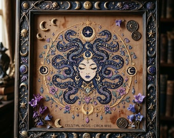 Patrón de punto de cruz de Medusa Celestial: Bordado de fantasía de la diosa de la luna y la reina serpiente en formato PDF