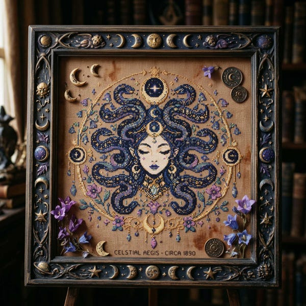 Celestial Medusa Cross Stitch Pattern: Moon Goddess Snake Queen Fantasy Embroidery PDF