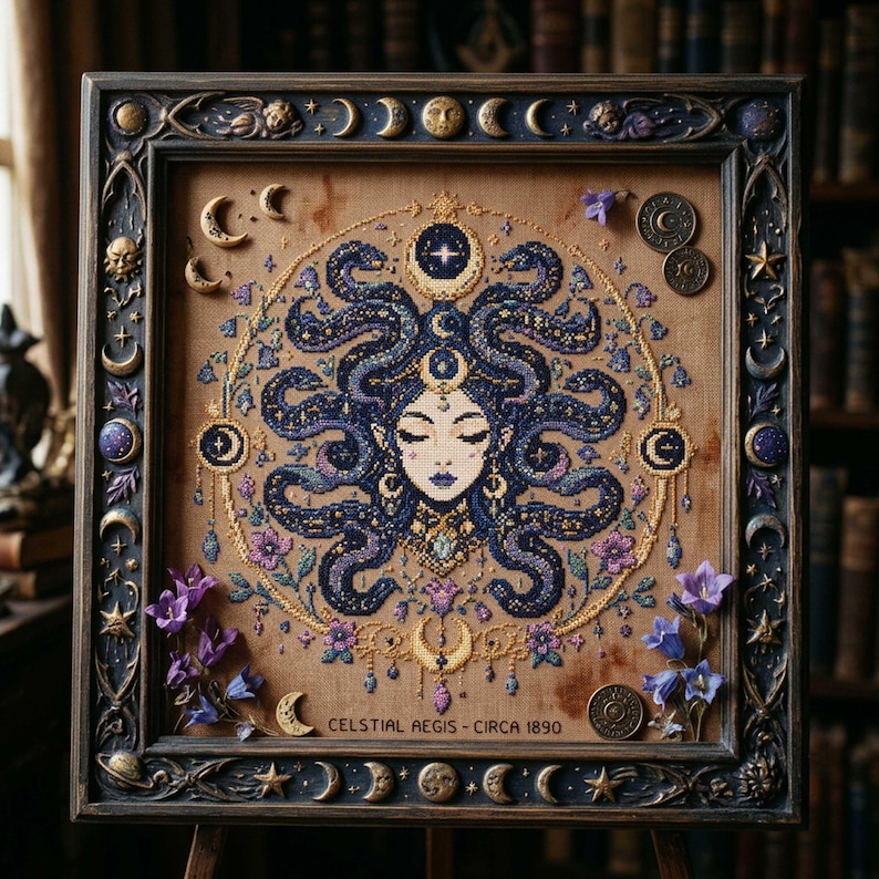 This celestial Medusa cross stitch pattern features a mystical serpent goddess surrounded by flowing cosmic snakes, golden moon symbols, celestial ornaments, and delicate floral accents. Inspired by mythology and dark fantasy aesthetics, the design transforms Medusa into a peaceful moonlit queen filled with elegance and magical energy. Deep navy blue tones blend with soft lavender, dusty pink, and gold celestial details to create an enchanting embroidery composition perfect for gothic home décor