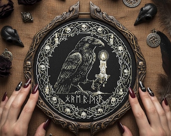 Dark Raven Cross Stitch Pattern: Candle Holder Crow with Skulls Gothic Embroidery PDF
