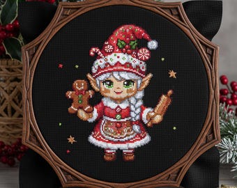 Patrón de punto de cruz para elfo de jengibre – Bordado de galletas navideñas (PDF)