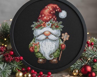 Patrón de punto de cruz de gnomo festivo: Gnomo invernal acogedor con regalo y estrella (PDF para bordar)