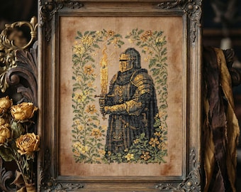 Punto croce Golden Knight: pacifico guerriero medievale, viti fiorite e ricamo fantasy PDF