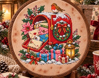 Christmas Mailbox Cross Stitch Pattern:  Cozy Festive Winter Mail Letters Gifts Embroidery PDF