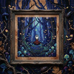 May include: A framed cross-stitch artwork depicts a fantastical forest scene. The artwork features a figure in red and white, surrounded by glowing eyes and mushrooms. The color palette includes deep blues, greens, and browns, with a detailed, textured appearance.