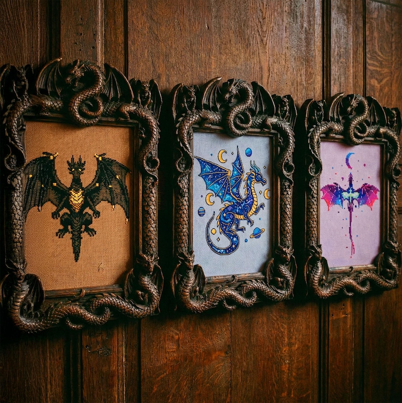 A dramatic gothic fantasy cross stitch bundle mockup showcasing an entire embroidery shop collection in one powerful visual. Displayed on a deep, moody background, the center text reads “515+ Entire Shop Cross Stitch Bundle – Lifetime Access,” highlighting the scale and value of this digital collection. Surrounding embroidery hoops feature gothic dragons, witchy symbols, moonlit castles, enchanted florals, dark fantasy creatures, and mystical designs. This image represents printable PDF cross