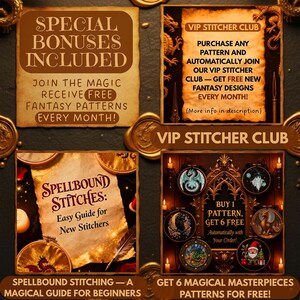 A bold gothic fantasy cross stitch bundle mockup designed to showcase a massive embroidery pattern collection. The center text reads “515+ Entire Shop Cross Stitch Bundle – Lifetime Access,” emphasizing a complete digital library of printable PDF cross stitch designs. Surrounding embroidery hoops display detailed stitched artwork including gothic dragons, arcane. This image highlights a premium embroidery bundle ideal for gothic, fantasy, Halloween, and witchcraft-inspired stitching projects.