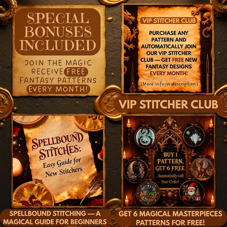 A bold gothic fantasy cross stitch bundle mockup designed to showcase a massive embroidery pattern collection. The center text reads “515+ Entire Shop Cross Stitch Bundle – Lifetime Access,” emphasizing a complete digital library of printable PDF cross stitch designs. Surrounding embroidery hoops display detailed stitched artwork including gothic dragons, arcane. This image highlights a premium embroidery bundle ideal for gothic, fantasy, Halloween, and witchcraft-inspired stitching projects.
