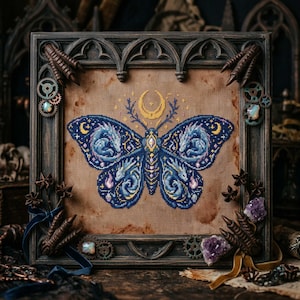 May include: A framed cross-stitch artwork featuring a detailed blue butterfly with a crescent moon and star design. The artwork is set against a tan background and framed in a dark wooden frame with decorative elements, including gears and crystals.