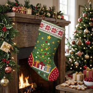 May include: A green Christmas stocking featuring a needlepoint design of a decorated pine tree with yellow stars and red ornaments, surrounded by gift boxes. The cuff displays a red and white floral pattern, with matching red patterned accents.