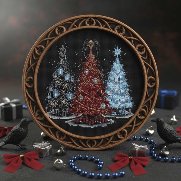 Gothic Christmas Trees Cross Stitch Pattern: Dark Fantasy Holiday Forest Embroidery PDF