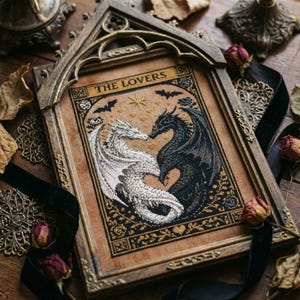 Puede incluir: Una obra de arte en punto de cruz enmarcada que presenta dos dragones, uno blanco y otro negro, enfrentados. La obra se titula "THE LOVERS" y está sobre un fondo beige con detalles dorados. El marco es de color madera oscura.