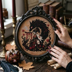 Samurai Cross Stitch Pattern: Japanese Warrior and Shadow Dragon Moonlit Fantasy Embroidery (PDF)