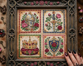 Medieval Fantasy Stamp Cross Stitch Pattern: Crown Sword Rose Knight Embroidery PDF
