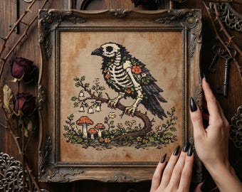 Gothic Raven Cross Stitch Pattern: Skeleton Bird with Flowers, Mushrooms & Dark Nature Embroidery PDF