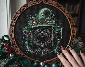Patrón de punto de cruz de gato negro gótico: Bordado de sombrero de bruja navideño encantado (PDF)