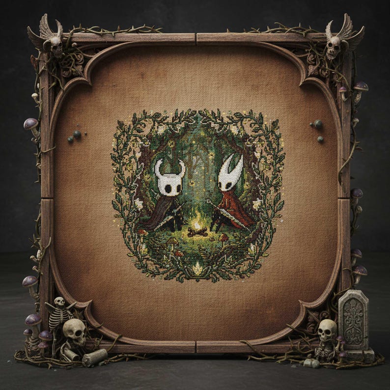 This atmospheric pattern features two masked warriors resting at a glowing campfire deep in an enchanted forest. Tall trees fade into shadowy green tones, while fireflies sparkle in the background, creating a magical night-time ambience. The characters hold their swords as they sit across from one another, illuminated by warm golden light. A detailed gothic leaf border surrounds the entire composition, merging nature and fantasy aesthetics. Ideal for fans of dark adventure art, woodland themes