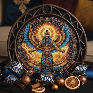 Puede incluir: Una detallada obra de arte de punto de cruz que representa una deidad egipcia con los brazos y alas extendidos, enmarcada en un marco de madera oscura. La obra presenta vibrantes azules, dorados y marrones. Cinta azul decorativa, adornos y palitos de canela rodean la pieza enmarcada.