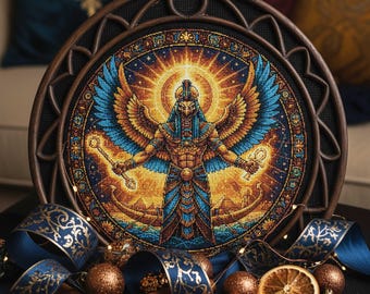 Patrón de punto de cruz del dios sol egipcio: Anubis guerrero alado con paisaje piramidal