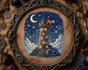 Dragon Tower Cross Stitch Pattern: Magical Wizard Tower Fantasy Embroidery PDF