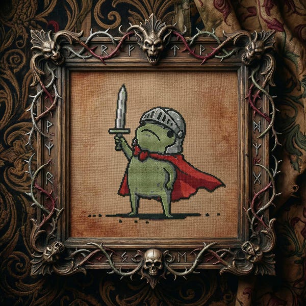 Medieval Frog Knight Cross Stitch Pattern: Sword, Helmet & Cape Toad Warrior Embroidery PDF